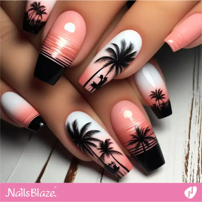 Tropical Palm Tree and Sunset Nail Design| Tropical-NB-D-101